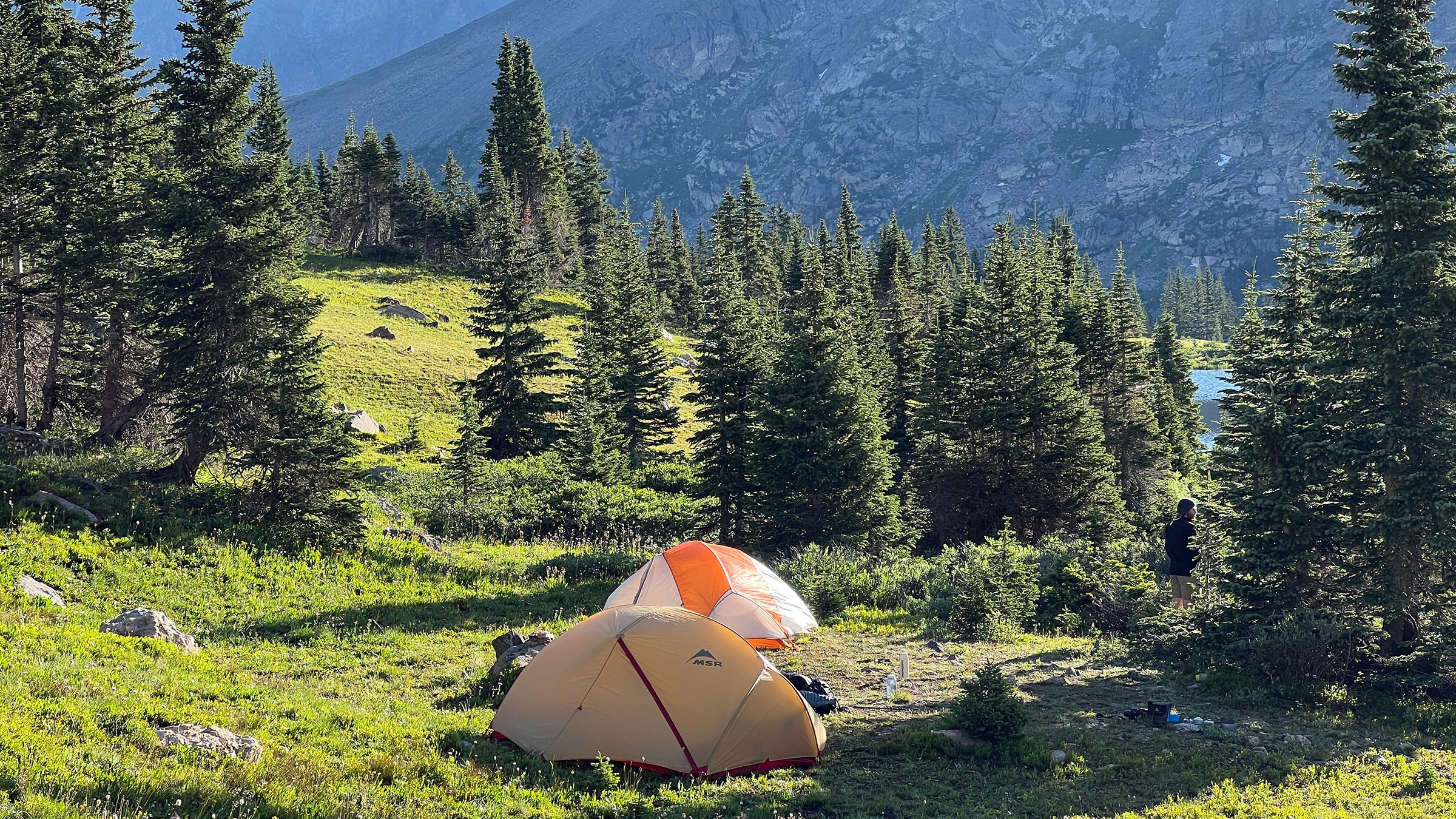 The author’s backcountry camp spot at Caribou Lake in Indian Peaks Wilderness