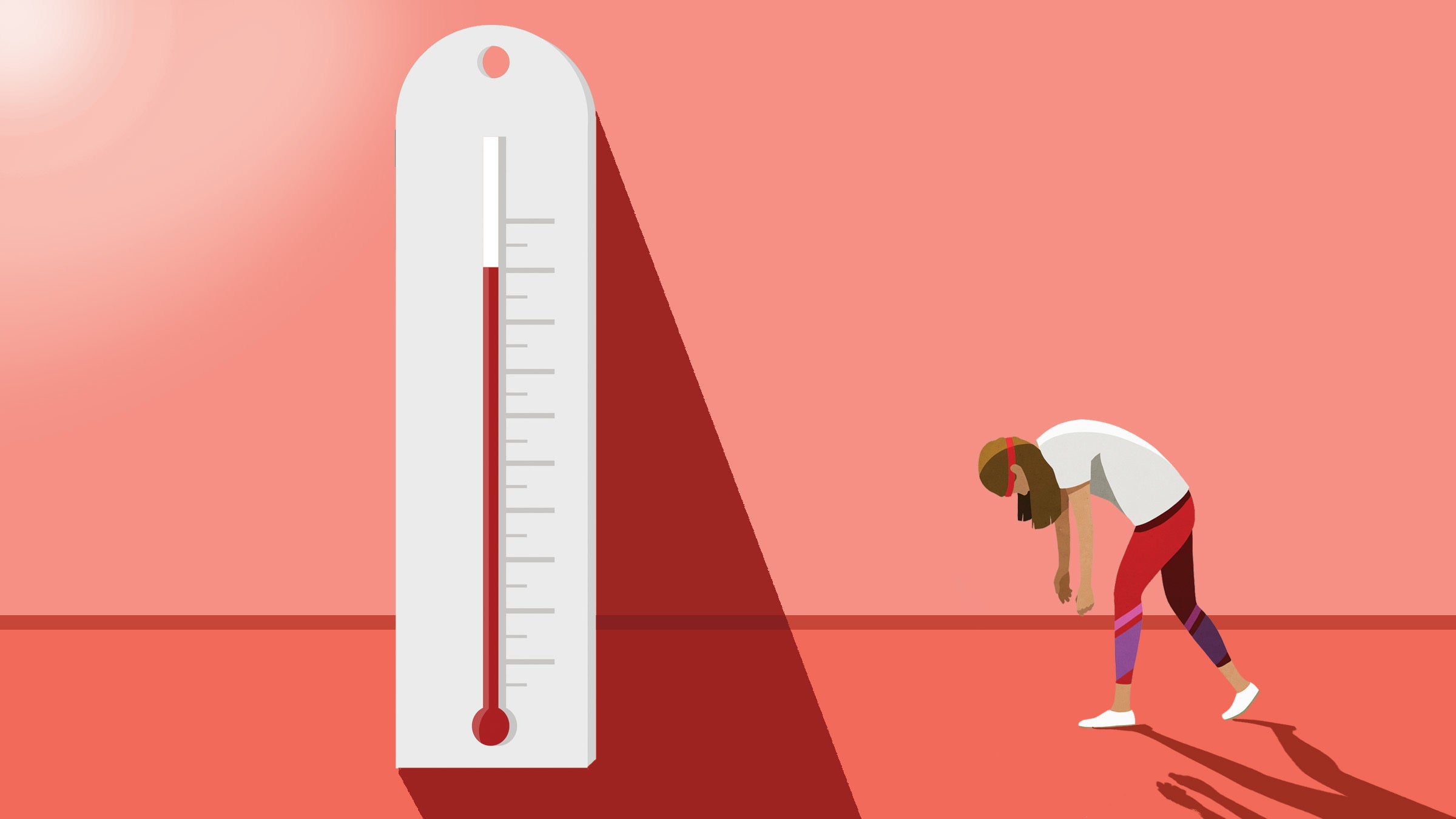 Illustration depicting a skyrocketing thermometer and a woman looking very hot on a pink background