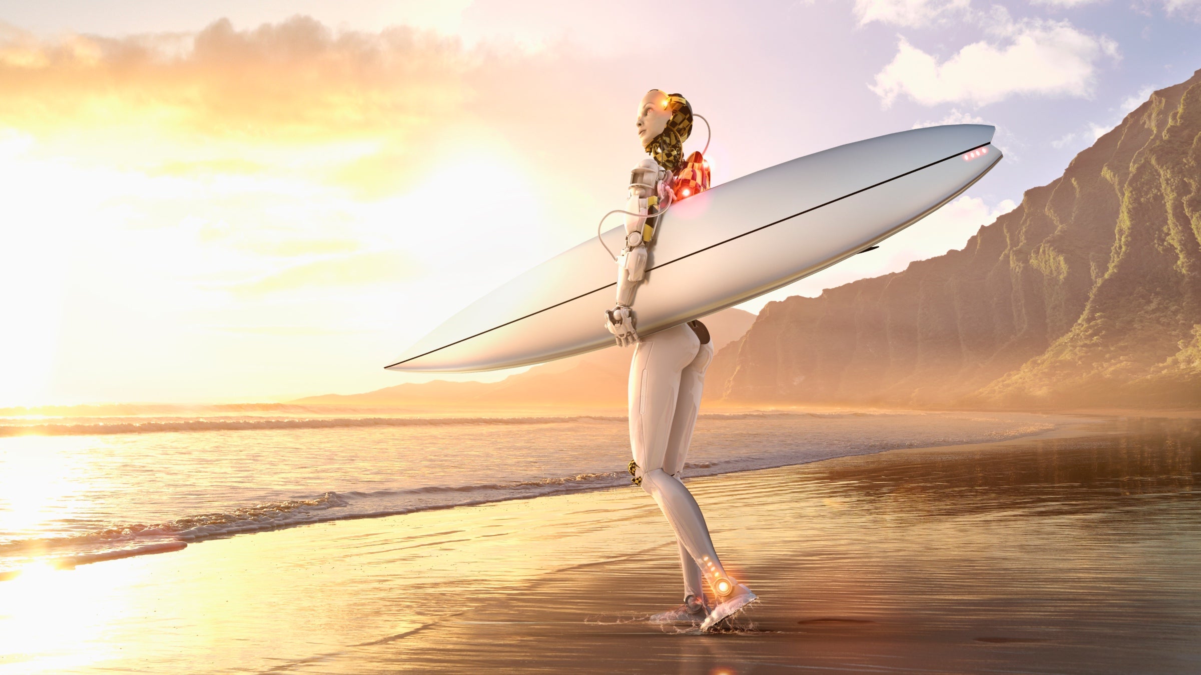 A female-looking robot walks along what looks like a Hawaii beach at sunset with her surfboard.