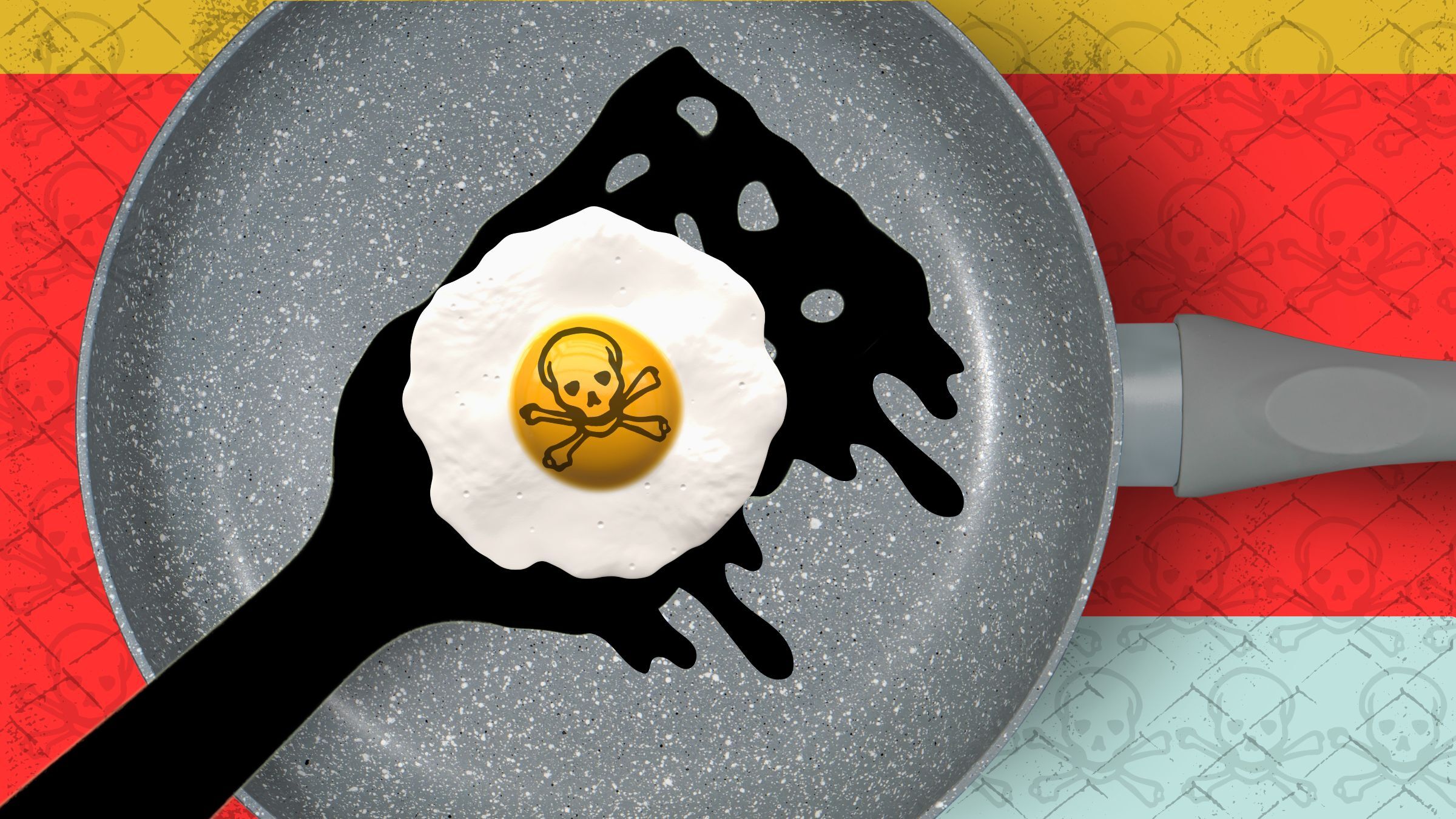 illustration of gray frying pan with a sunny side egg marked by a skull and crossbones and a melthing black plastic spatula