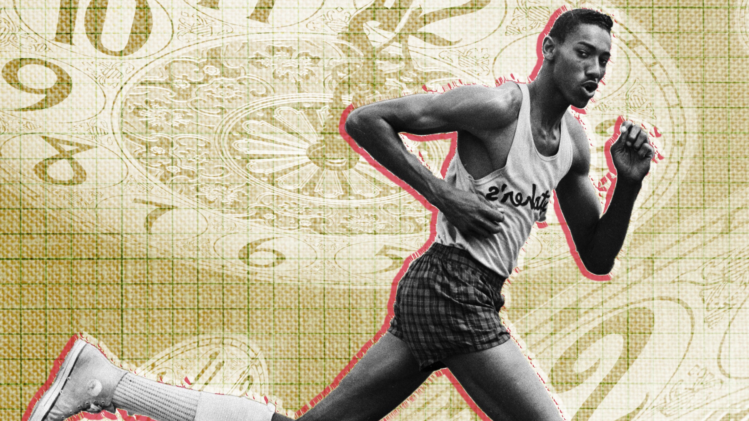 Photo illustration of Wilt Chamberlain running with clocks in the background
