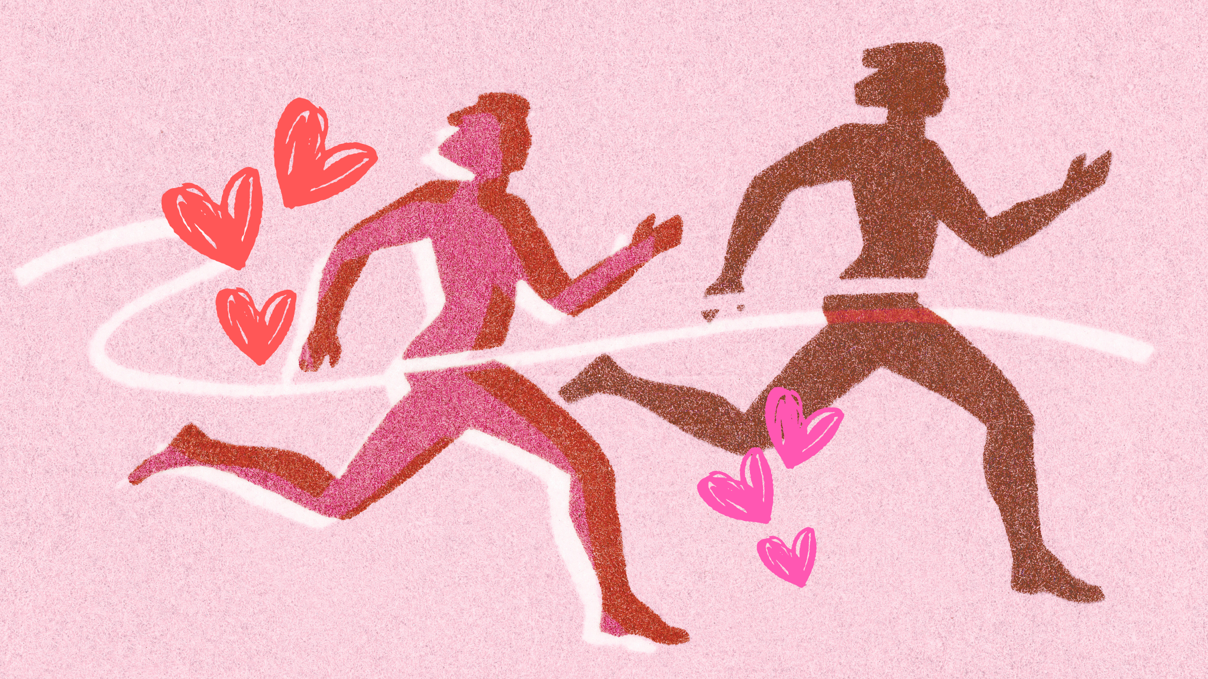 Two people running side by side. Hearts surround them.