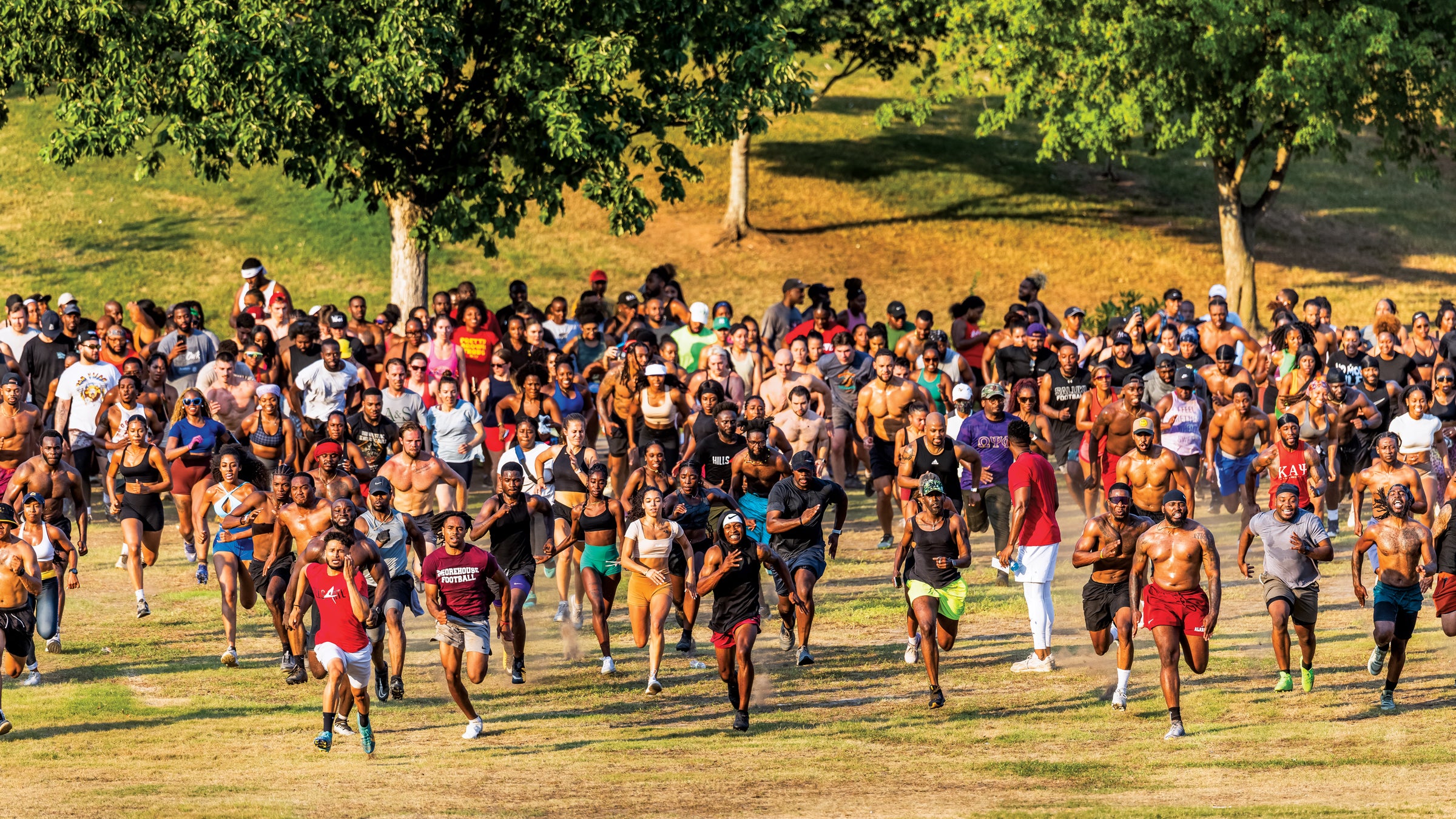 Runners with Hills 4 ATL, which organizes free group workouts, at Piedmont Park in Atlanta.