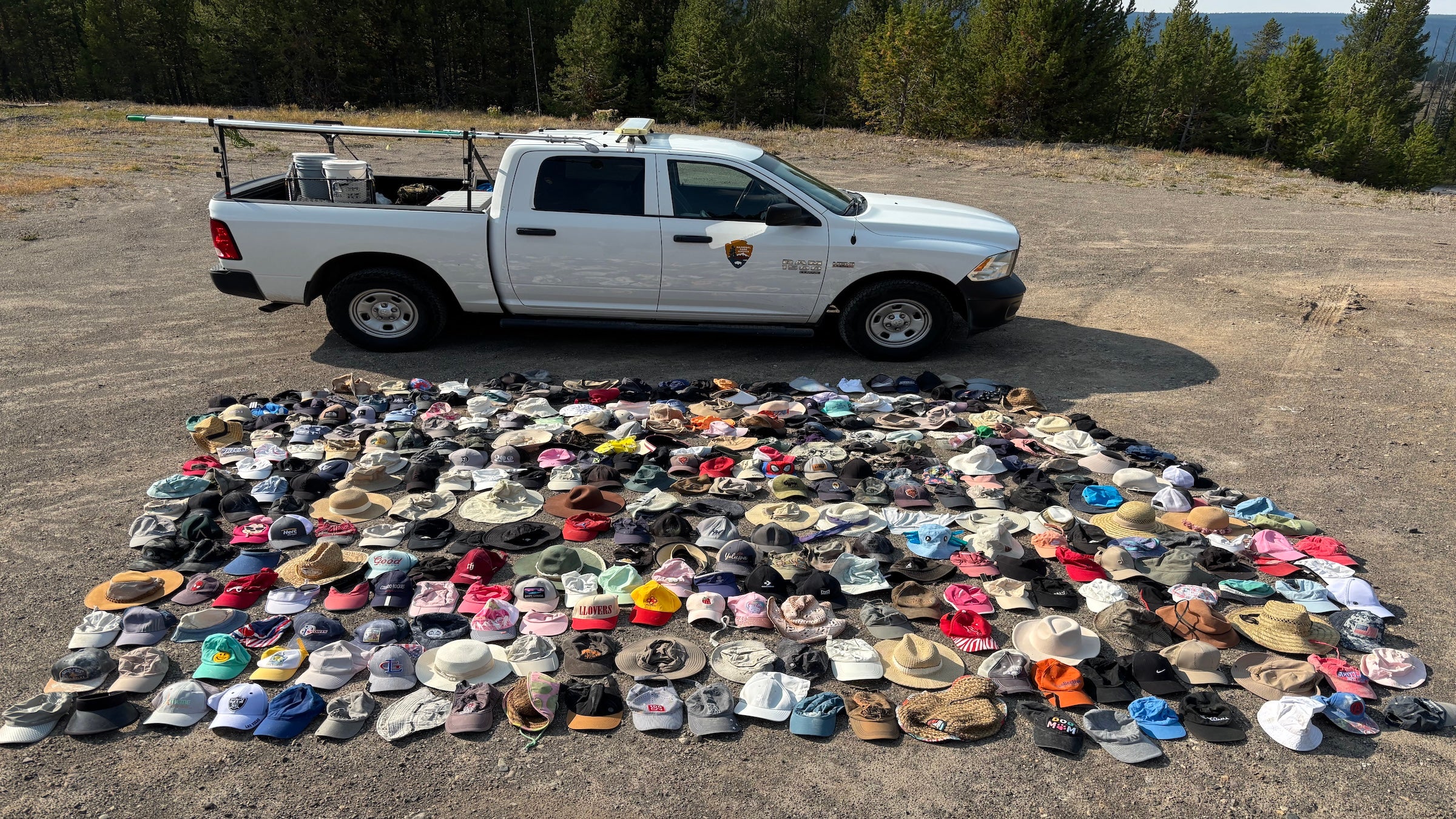 Just some of the hats collected by the Yellowstone National Park Geology Program from sensitive thermal areas throughout the park in 2025.