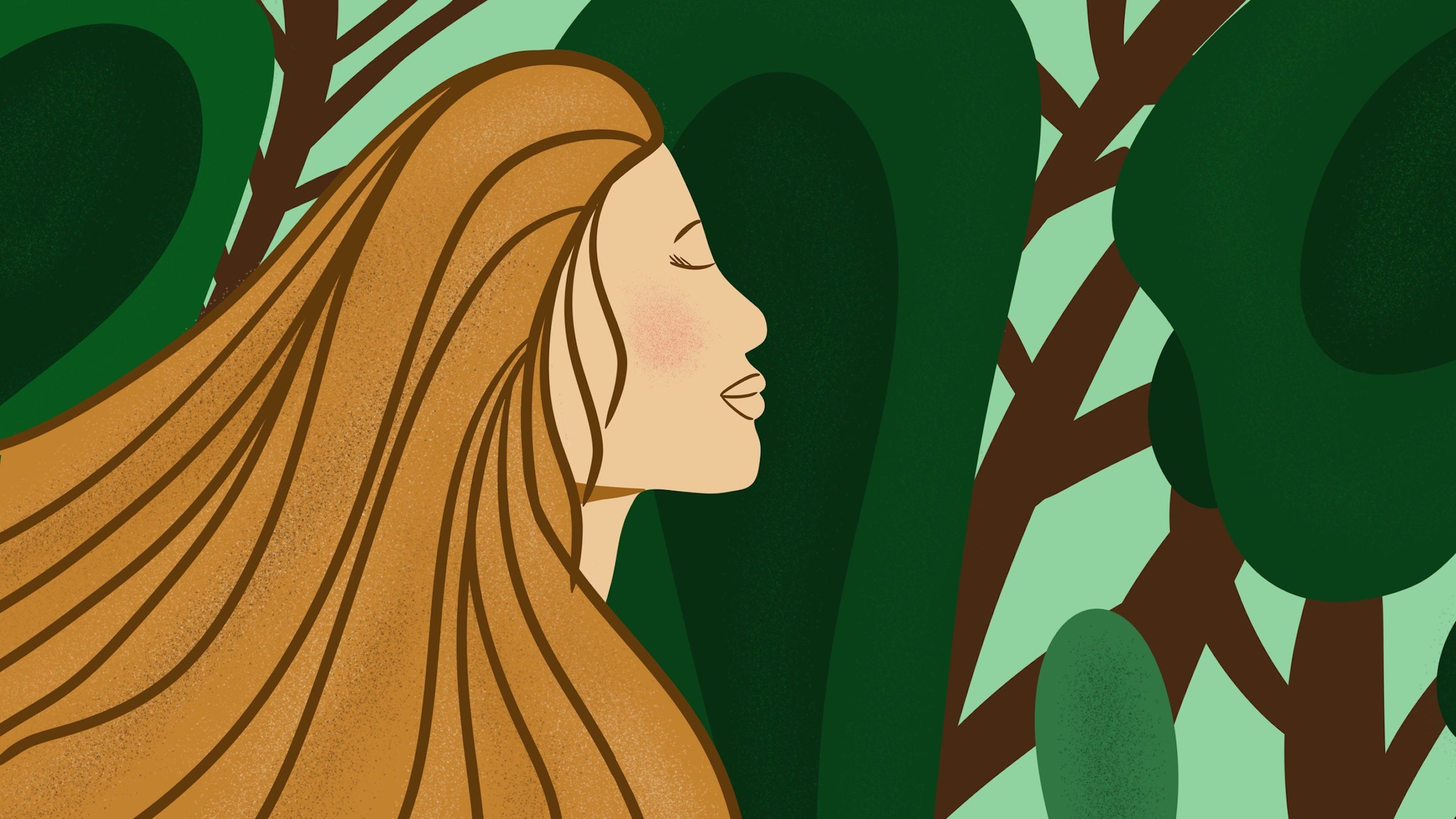 woman with blond hair in forest, forest bathing