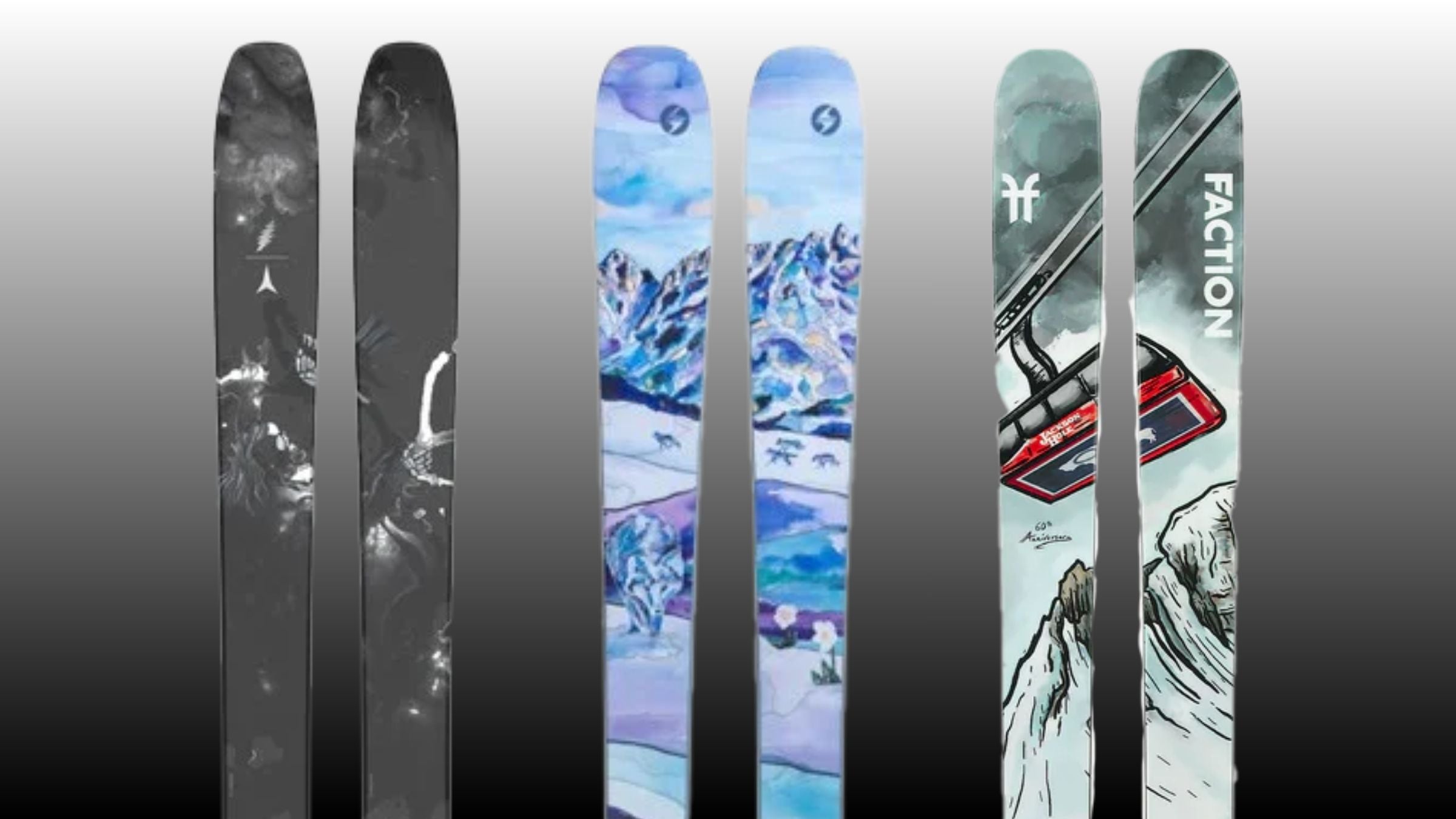 Limited edition Atomic, Blizzard, and Faction skis on black gradient background
