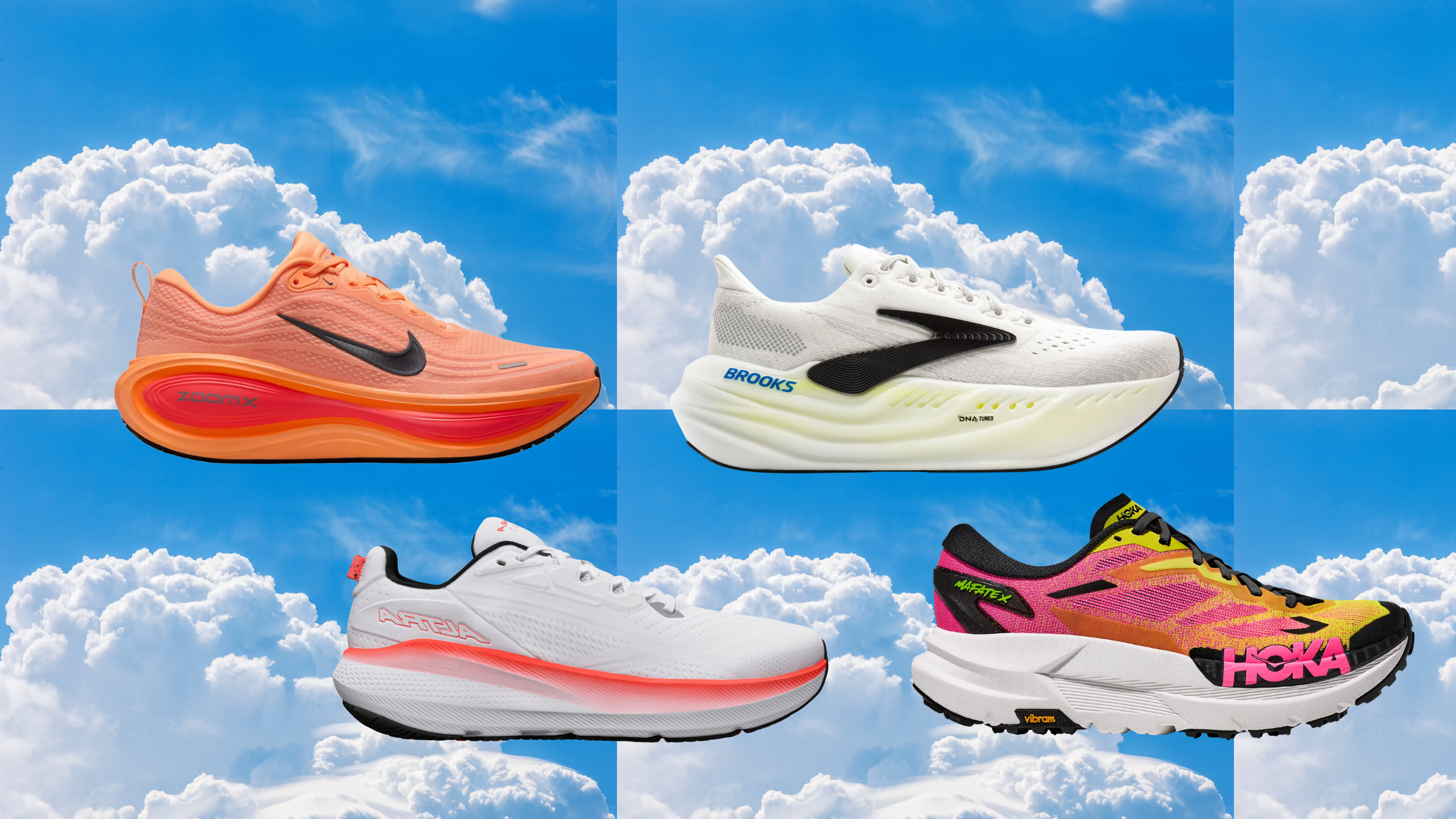 max-cushioned running shoes from Nike, Brooks, Hoka, and Altra against a background of a blue sky with fluffy clouds