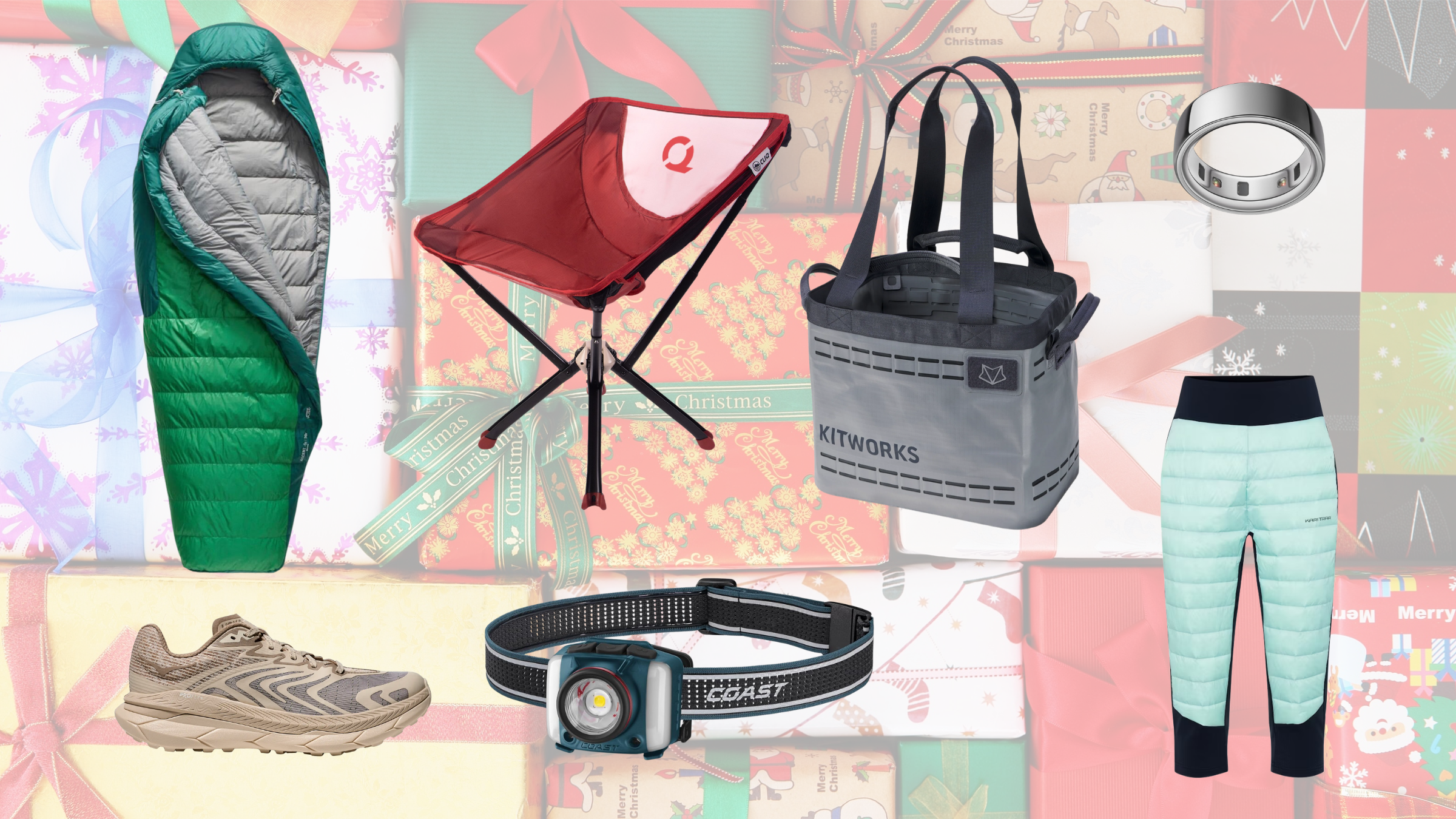 Outside editors favorite gear to gift on a background of wrapped presents