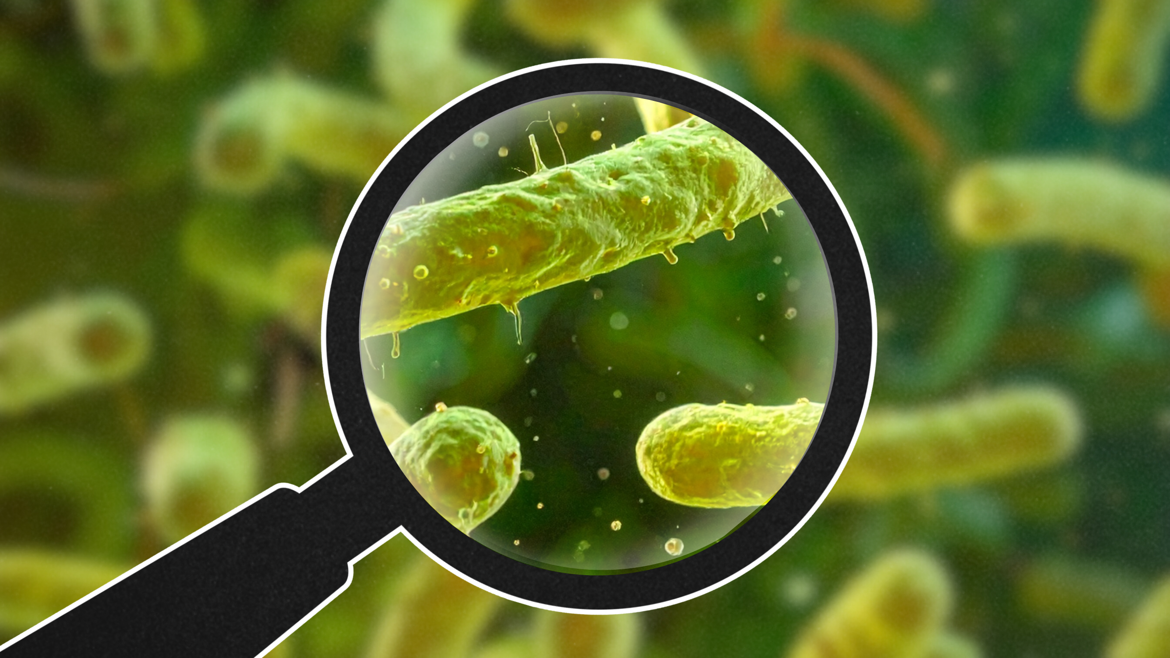 magnifying glass looking at bacteria in the microbiome of a microbiome test