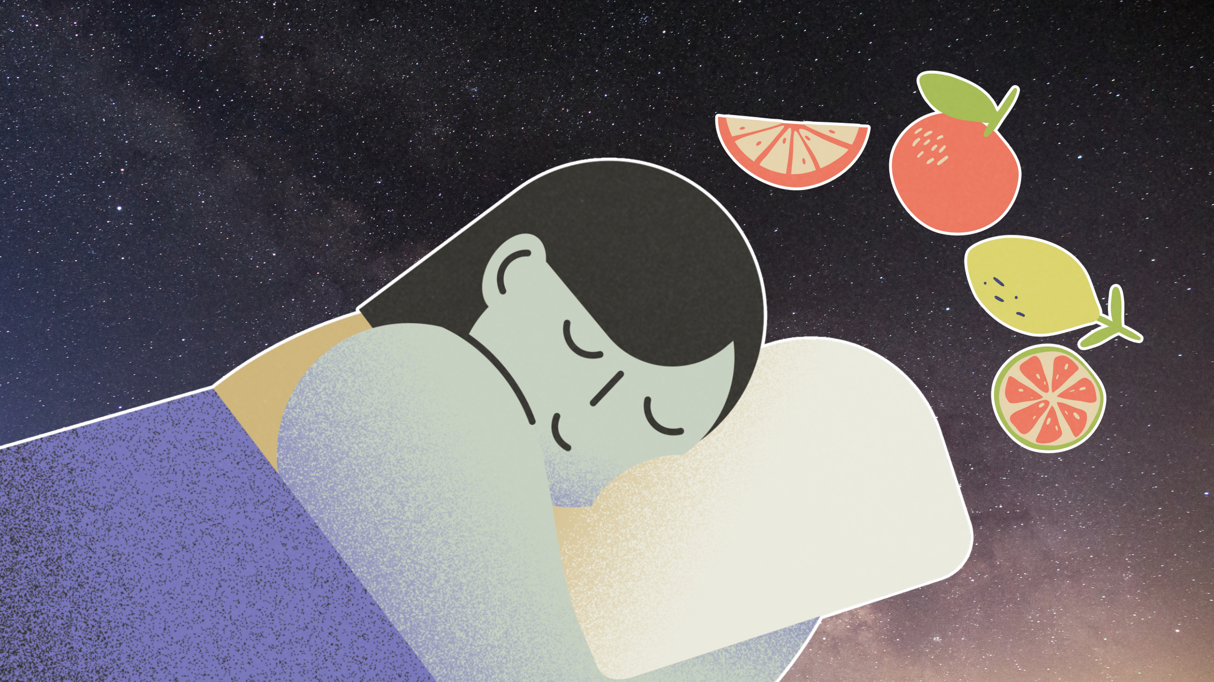 person asleep with a night sky background and fruits and veggies behind them