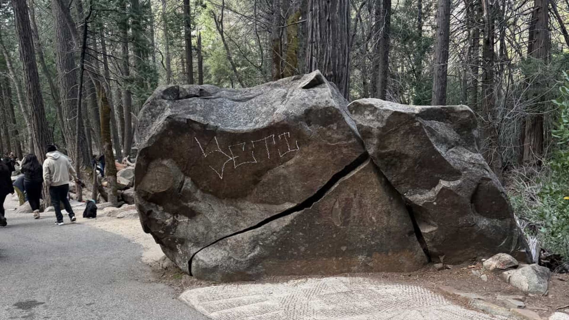 "Yeti" was tagged on boulders and several signs in the park