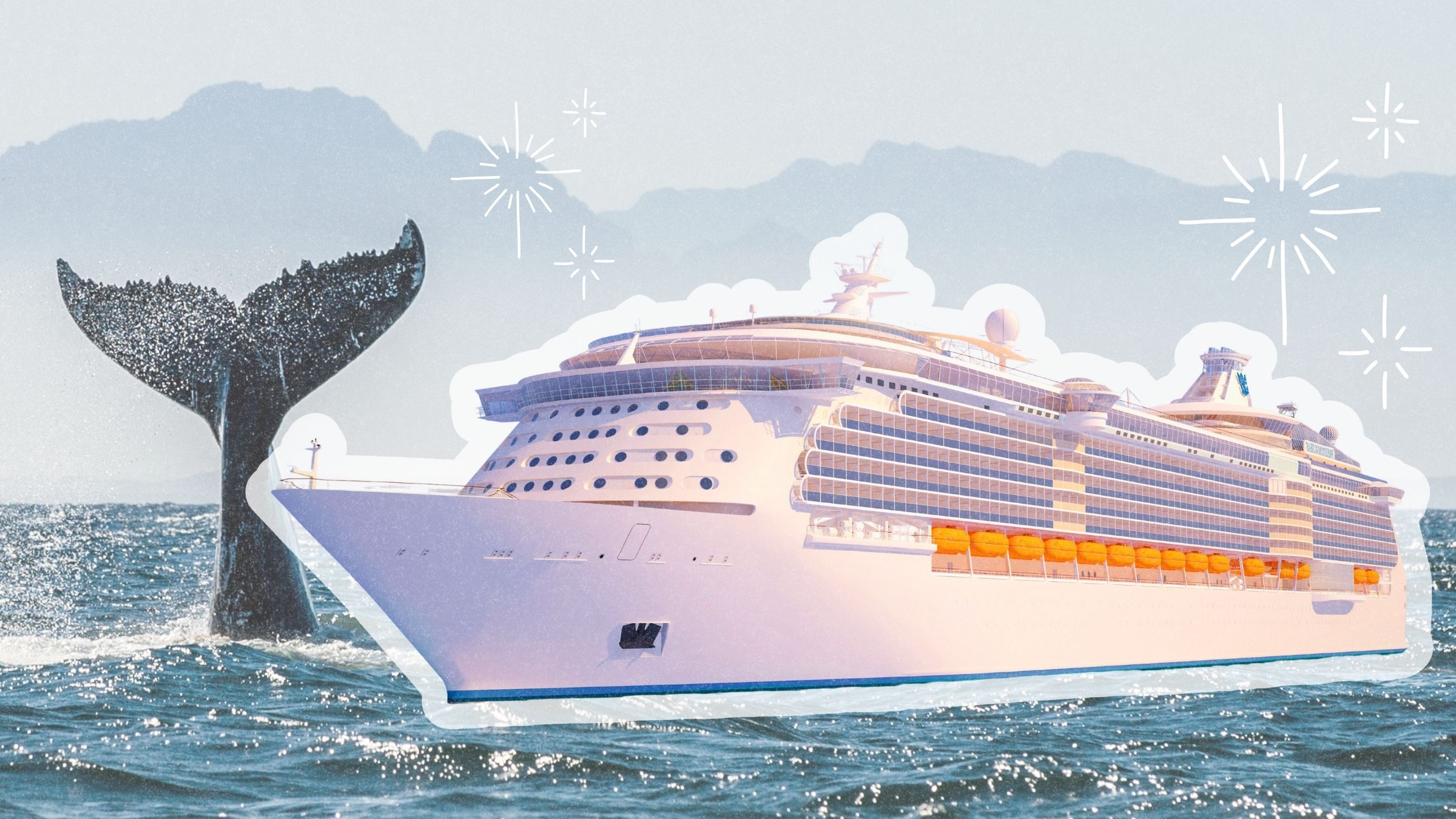 cruise ship in front of whale tail
