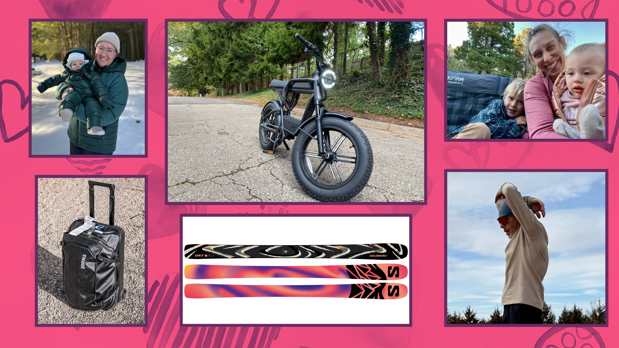 A collage of outdoor gear and editors for a Valentine's Day feature, including a parent in a snowsuit holding a baby, a black electric bike, a family in a double camp chair, a Thule suitcase, Salomon skis, and a man stretching outdoors.