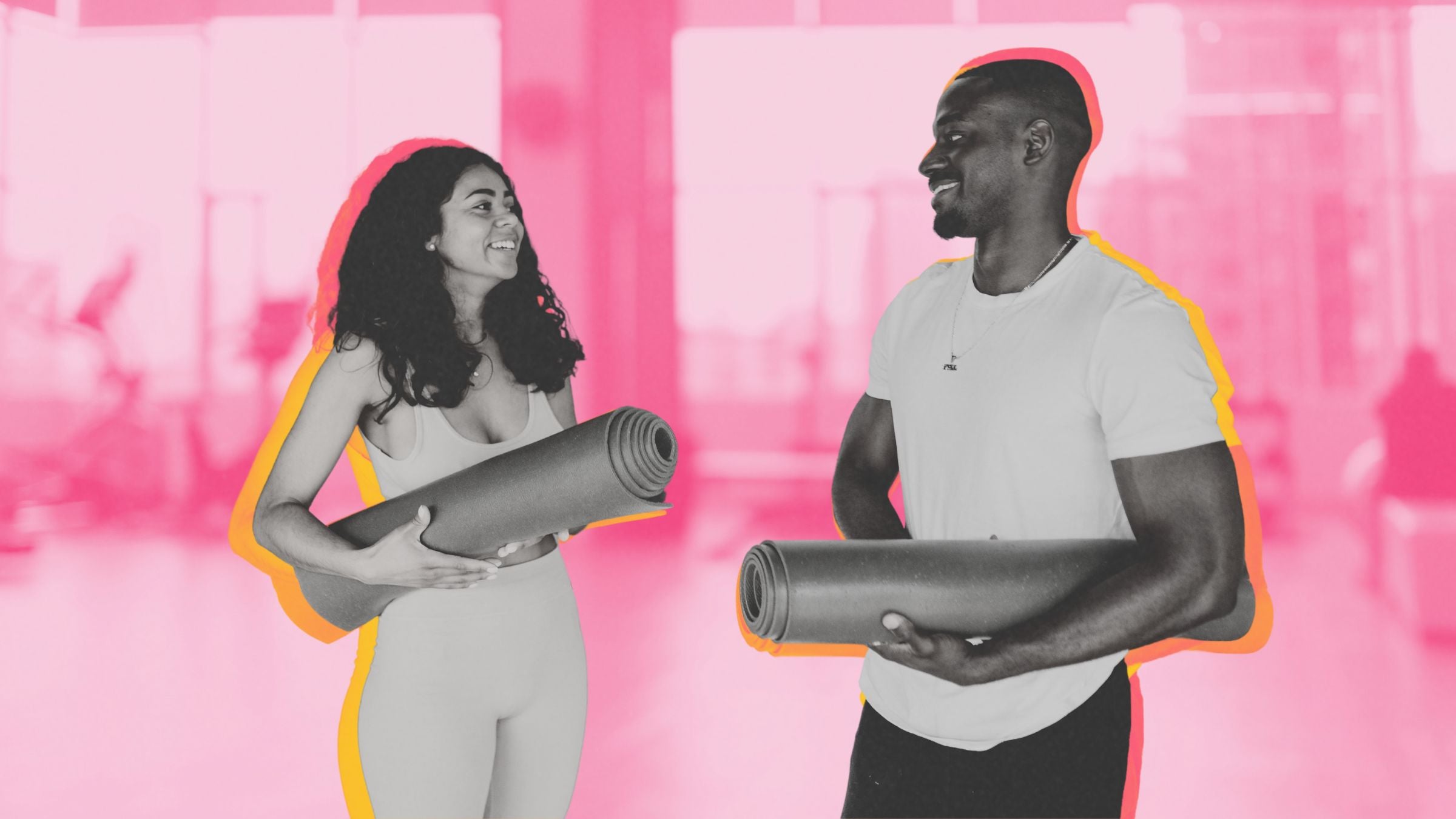 how to talk to your gym crush; a man and woman holding yoga mats flirting at the gym