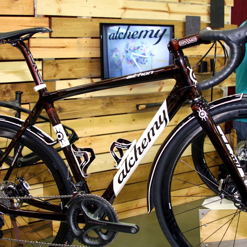 The carbon-fiber frame, fork, fenders, and bottle cages for this gravel racer were all made in house. The Aithon frame’s front triangle is a mirror of its Helios road brother, but the rear triangle was completely redesigned to give the bike more compliance, acting as an inactive suspension. MSRP for this bike as shown would be about $12,000.
