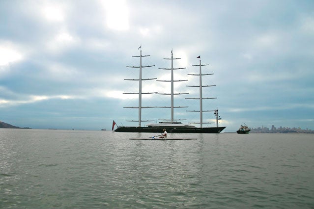 Rowing the bay near the Maltese Falcon mega-yacht