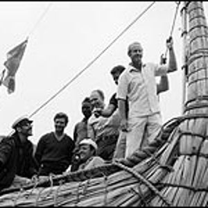 Heyerdahl in 1969, at the launch of his papyrus-reed raft RA in Morocco
