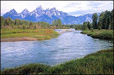 A grand day for a paddle: Snake River with the Tetons looming in the background