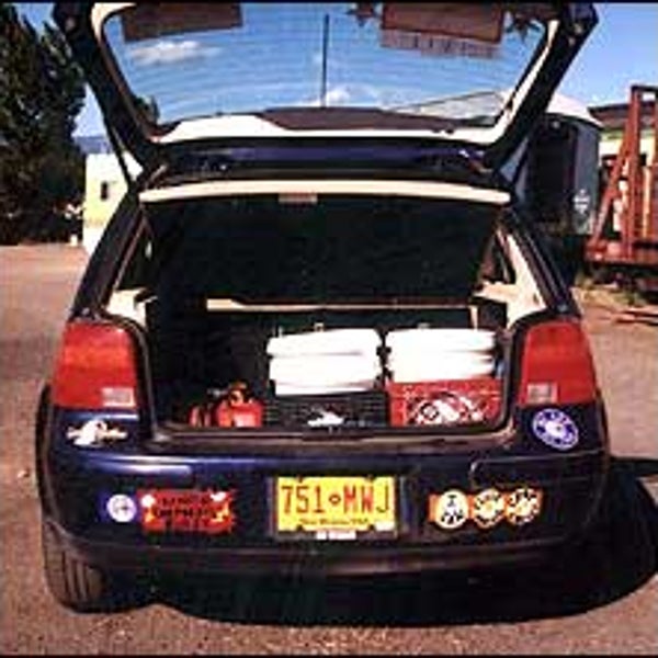 Kathy NiKeefe's VW Golf runs on recycled vegetable oil.