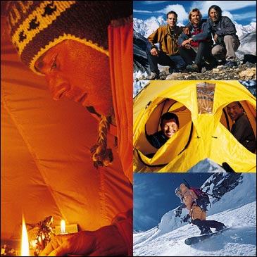 Keeping the flame burning; clockwise from above, Koch lighting incense at the Team's base camp shrine: Koch, Henderson, and Chin at camp; Lakpa and Kami staying warm; Koch begins the North Face descent.