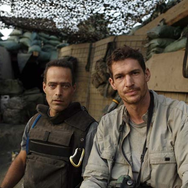 Restrepo filmmakers Sebastian Junger and Tim Hetherington at Outpost Restrepo. Korengal Valley, Afghanistan, Kunar Province. 2007.