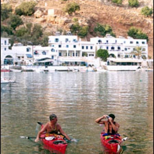 Northwest Passage guides Rick Sweitzer and Mike Agostinelli take a breather in Loutro's port.