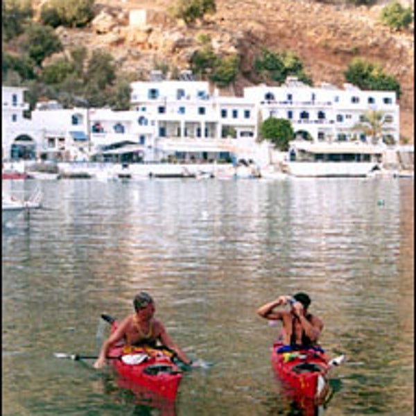 Northwest Passage guides Rick Sweitzer and Mike Agostinelli take a breather in Loutro's port.