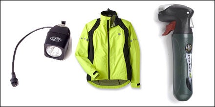 NiteRider Firestorm HID Headlight, Pearl Izumi Instinct Jacket, and Innovations Proflate 16