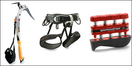 Petzl Quark Ice Tool, Black Diamond Chaos Harness, and Grip Master Hand Strengthener