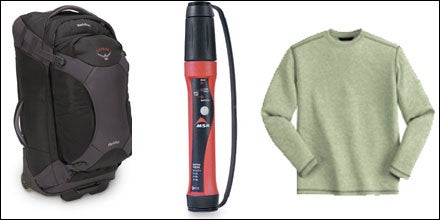 Osprey Meridian Wheeled Convertible Pack, MSR Miox Purifier, and Ex Officio Buzz Off ExO Dri Long-Sleeved Crew Shirt