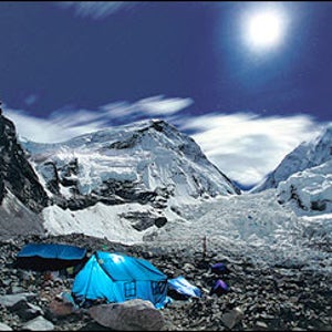 Lights on: an expedition awaits the dawn at the base of Mount Everest.