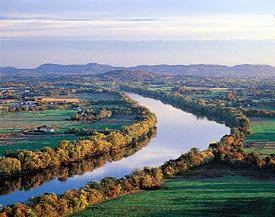 Views of the placid Connecticut River and the Berkshires from Mount Sugarloaf