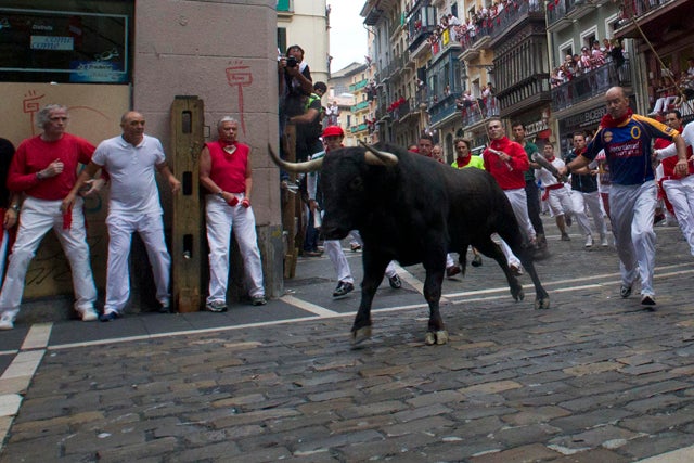 A lone fighting bull from the ranch of Cebada Gago rounds a corner as runners hug the wall in Pamplona's old city during the third 'encierro,' or running-with-the-bulls, in the Fiesta de San Fermin in Pamplona, northern Spain, 09 July 2012.