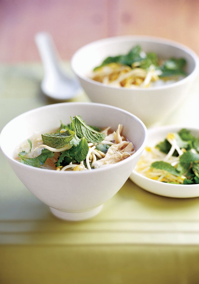 Asian chicken soup with soya sprouts and Thai basil