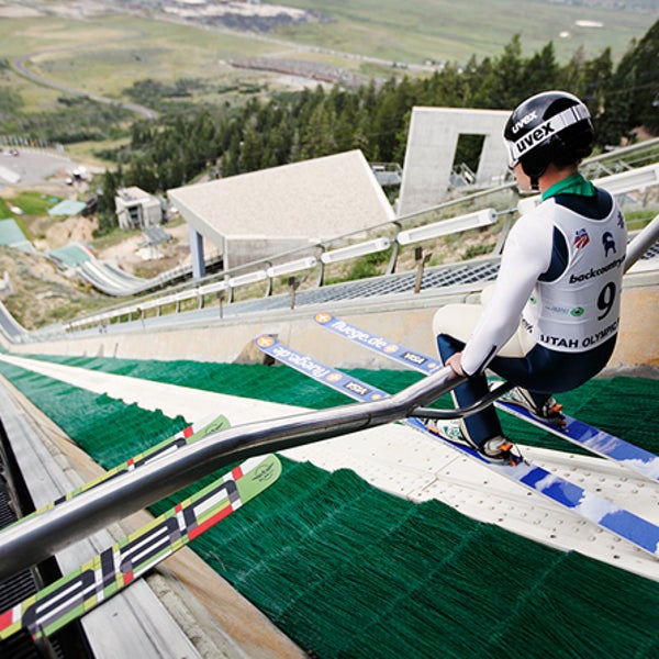 Van prepares to jump from the K120 hill during the U.S. National Championships at the Utah Olympic Park in Park City, Utah, July 30, 2011. She finished third.