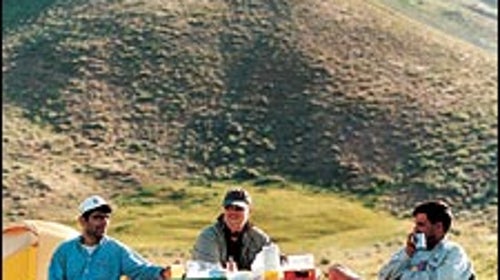 Kicking back in the Elburz: left to right, Shahram, the author, and Abbas Jafari meadow-camping at 9,000 feet.