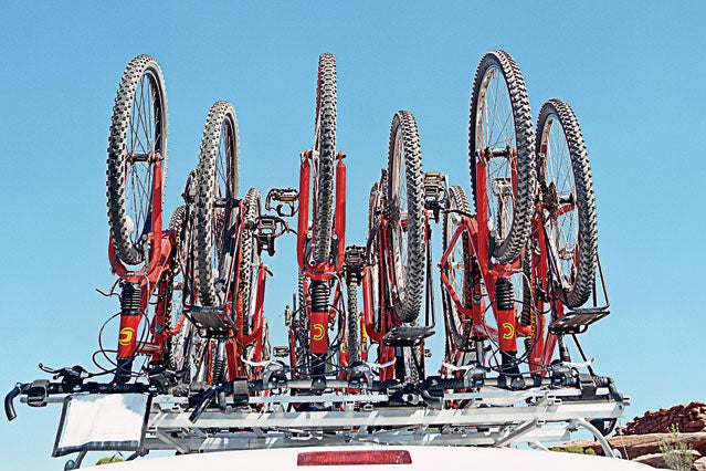 Mountain Bike Car Rack Bike Rack Bike Van Recreation America USA Utah Moab National Park Adventure Rocks Vertical Color Photography Nobody Outdoors Sports Bicycle United States Bikes Blue Sky