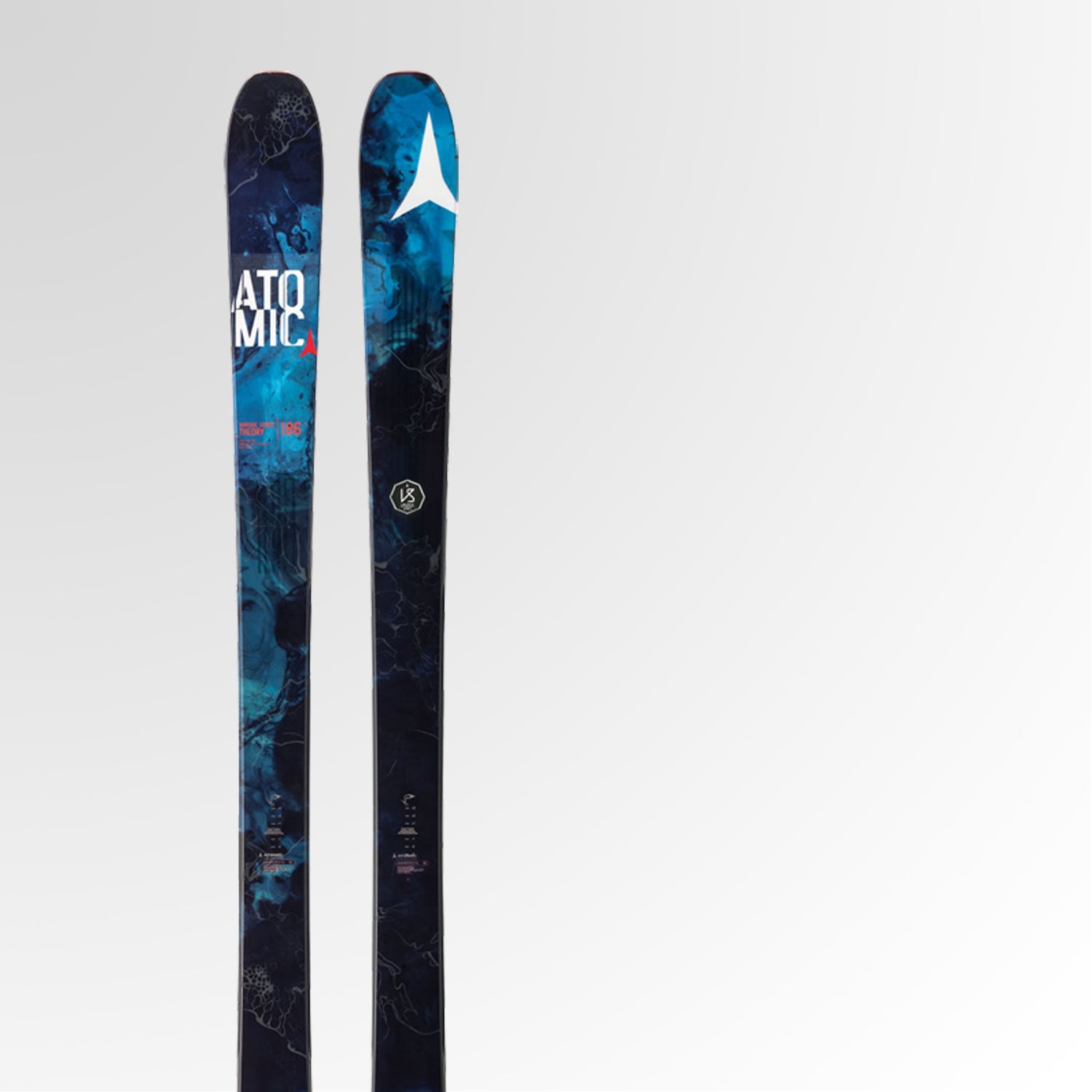 BEST FOR: Anything but brutal hardpack.
THE TEST: A full 75 percent of the Theory ($600) is cambered, and the tip rocker extends down only 15 percent of the shovel. Instead of a layer of metal, which adds mass, here you get carbon. The result is a nimble feel on- and off-trail with very little swing weight. The Theory pivots and surfs easily through crud and bumps but got a bit chattery on ultrafirm groomers.
THE VERDICT: More evidence that you don’t need huge girth to ski off-piste. 132/95/121.
OVERALL: 4.5
CARVING: 4.5