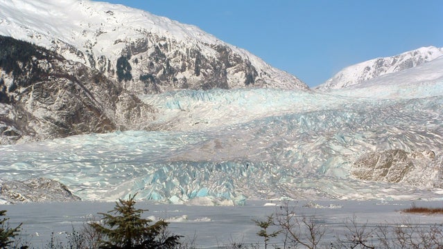 Mendenhall Glacier and frozen Mendenhall Lake.
