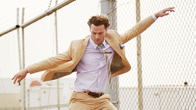 Ludlow Italian chino jacket ($298) and Slim pants ($158) by J.Crew; Pinstripe Slim-Fit shirt by Gap ($60); Flux Glove Sport shoes by Merrell ($100); Orlando tie by Ben Sherman ($55); pocket square by Charter Club ($15)