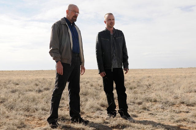 Bryan Cranston as Walter White, left, and Aaron Paul as Jesse Pinkman in a scene from the season 5 premiere of