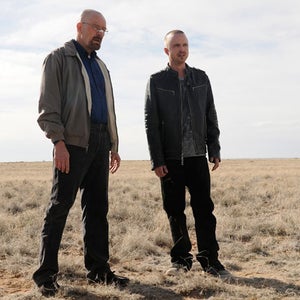 Bryan Cranston as Walter White, left, and Aaron Paul as Jesse Pinkman in a scene from the season 5 premiere of 