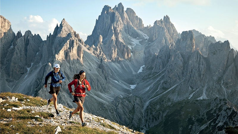 20-30 years 30-40 years Dolomiten Dolomites Dolomiti Drei Zinnen Summer Tre Cime di Lavaredo Veneto blue sky caucasian color photography dramatic landscape dramatic light endurance exercise female fitness friends front view full view getting away from it all horizontal majestic morning, evening mountain outdoor outside recreation remote running sunny day trail running two people two women unique landscape