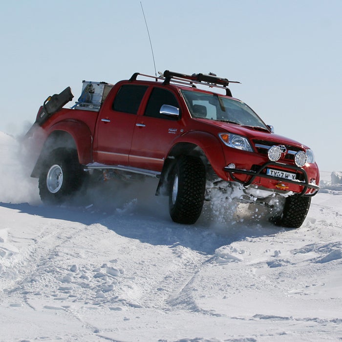 Planning to drive to the base of Denali, across the Sahara, or though Greenland? Then don’t forget to schedule an Arctic Trucks modification before you leave. The company pimps out four-wheel-drive vehicles for the world’s most extreme environments. Everywhere from Norway to the South Pole, search and rescue teams, military units, and police forces have used these vans for decades.
Arctic Trucks swaps in large tires and alters the car body and gearing to give the vehicle power and high performance on and off the road. With up to 38-inch tires, these modified vehicles have superior clearance and traction, but they’re still road-ready. Arctic Trucks’ claim to fame? Their rides can venture where no car has gone before. Unfortunately, they aren’t yet available in the U.S.
