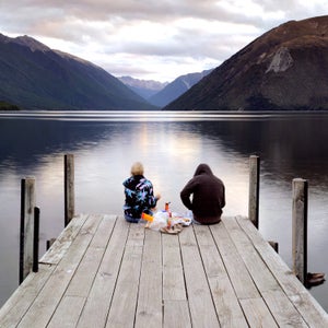 ducks dusk eating evening forest jetty lake mountains national park nelson lakes new zealand new zeland outdoor picnic pier rotoiti sfish and chips south island supper trees wilderness