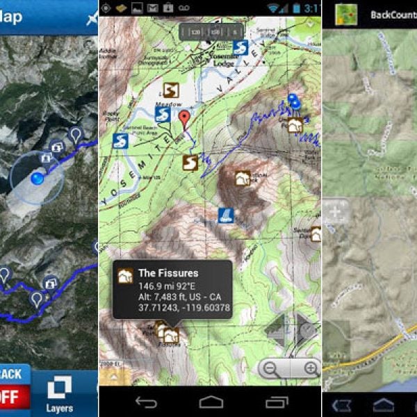 Left to right: Trimble Outdoors Navigator Elite, Gaia GPS, and Backcountry Navigator