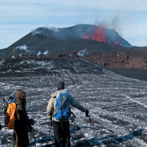 Hiker's take in an eruption in Rangarvallasysla, Iceland.