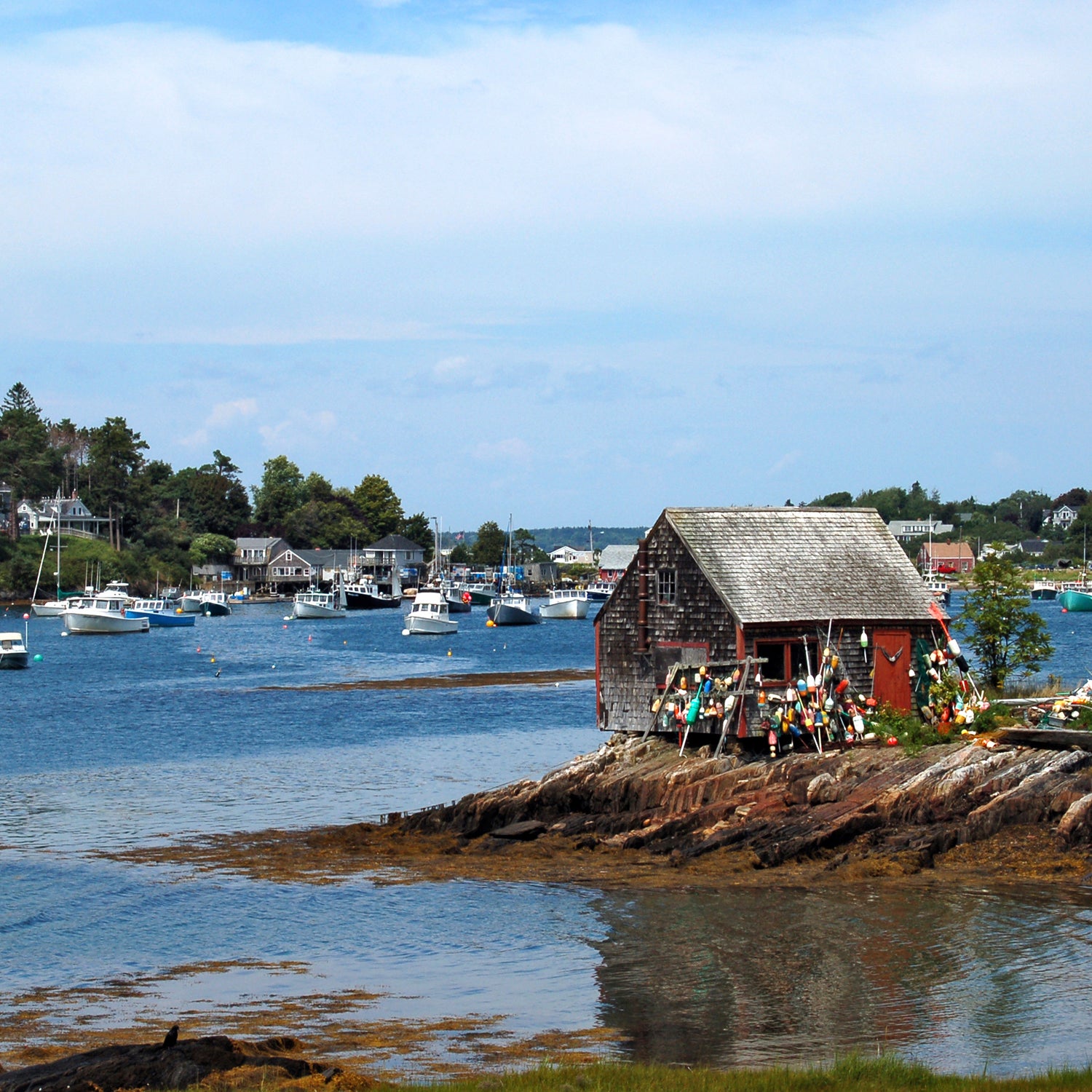 Maine lobster shack shed coast water bay bouy harbor coast coastline fish fishing hut float nautical water vacations travel New England
