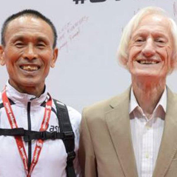 World record holders Ed Whitlock and Japan's Yoshi Hosaka gave a talk at the Toronto marathon expo called