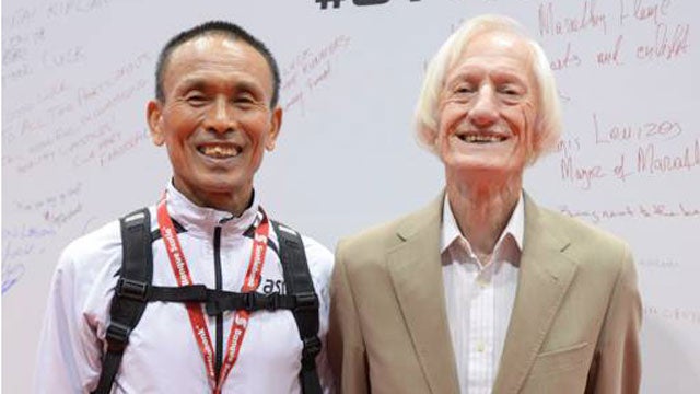 World record holders Ed Whitlock and Japan's Yoshi Hosaka gave a talk at the Toronto marathon expo called